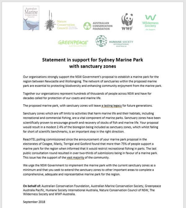 Letter In Support of Sydney Marine Park Sanctuary Zones