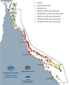 Image: 2022 Aerial Survey observations of coral bleaching throughout the Great Barrier Reef after the final heat wave from 12-23 March 2022.