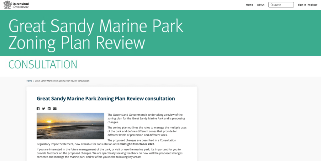 Consultation page for the Great Sandy Marine Park zoning plan review consultation screenshot AMCS
