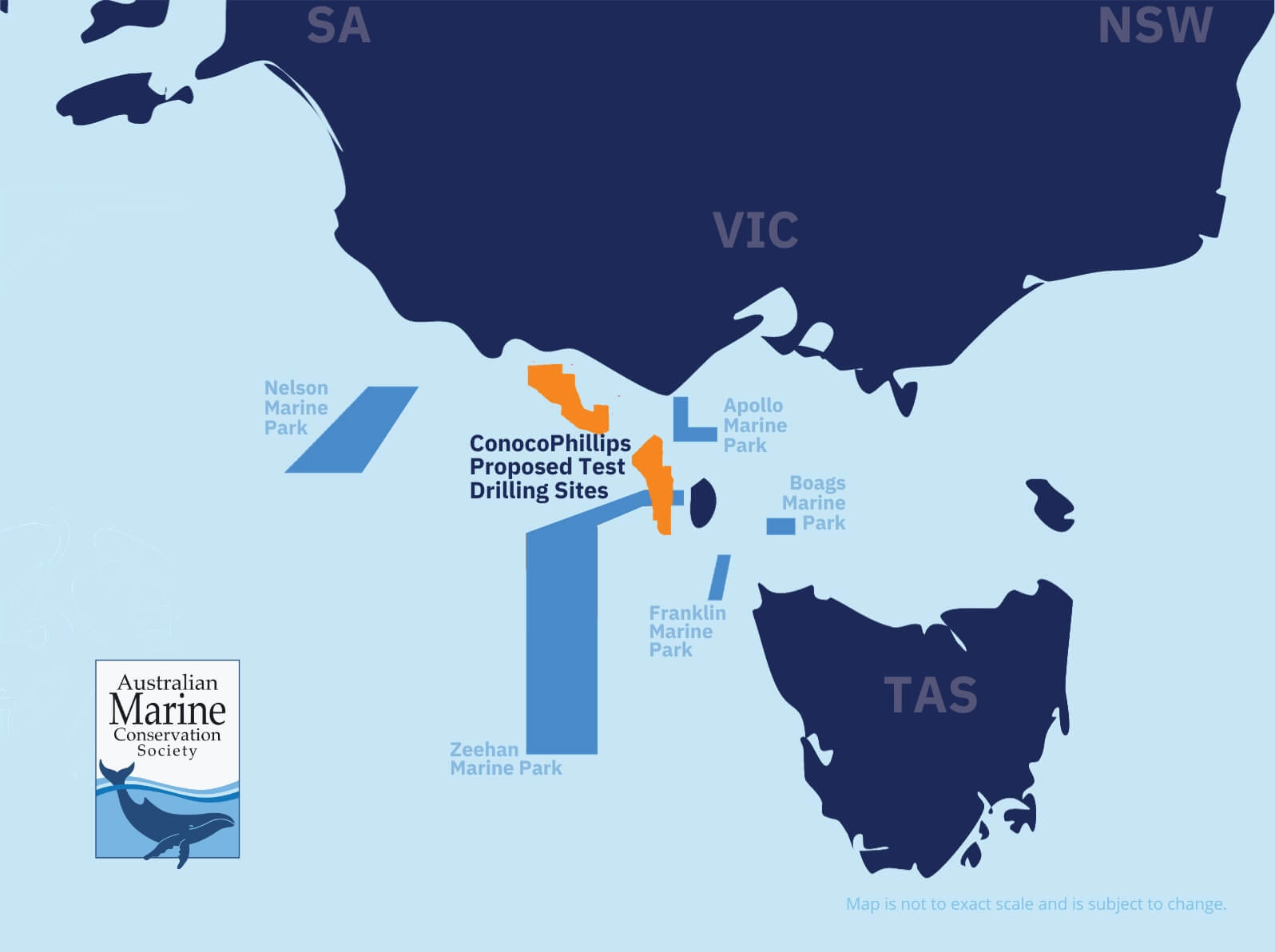 Map of the area ConocoPhillips has proposed for oil and gas test drilling in the South-East marine region, Bass Strait, between Victoria and Tasmania. 