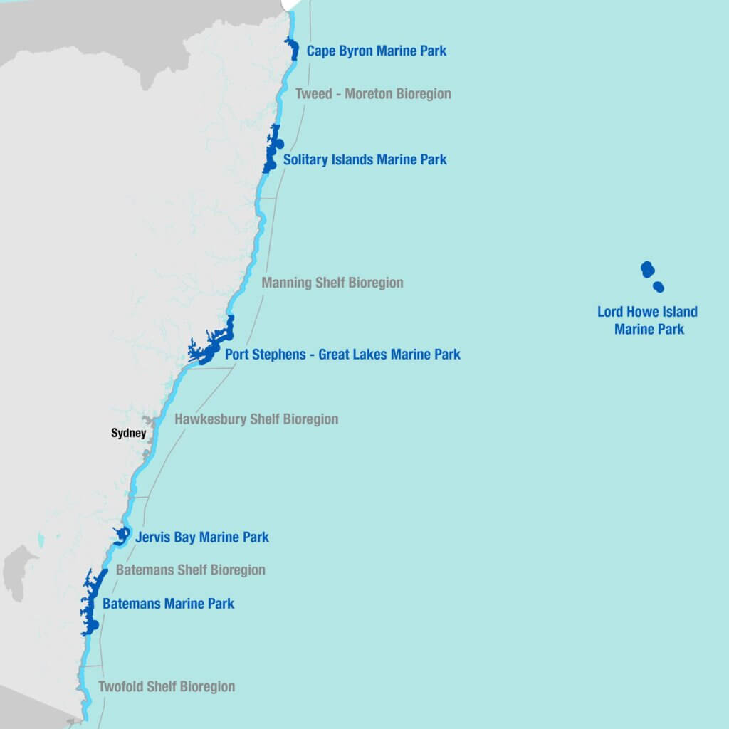 Map of the six large marine parks in the NSW marine park estate as of October 2023. Not to exact scale.