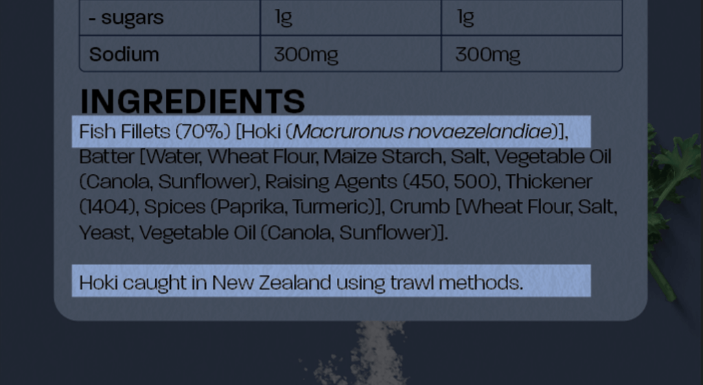 A mockup of a box of frozen hoki fillets, shown to display the fish name, scientific name, area of catch, and catch method.
