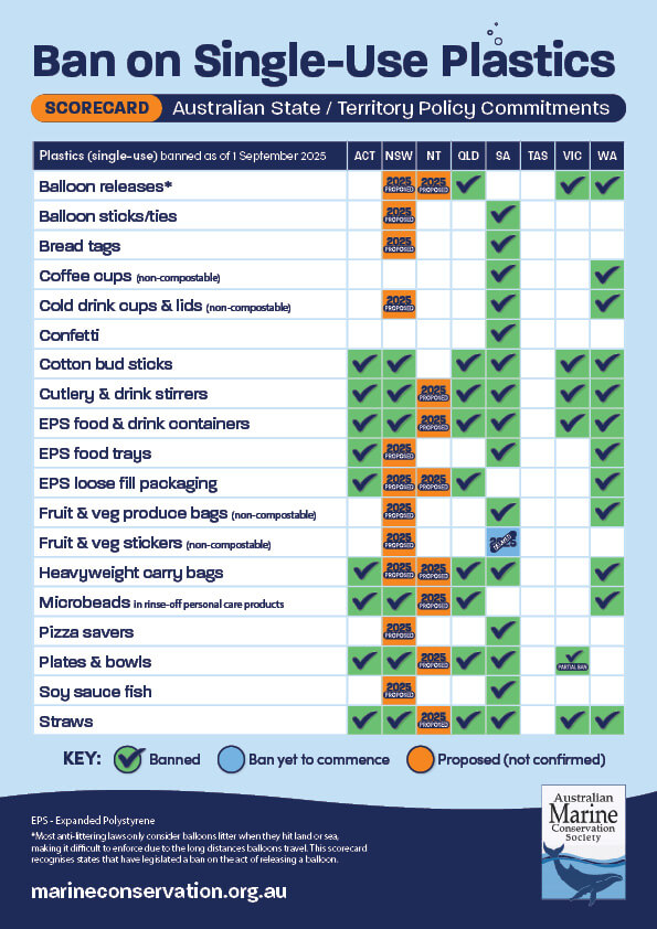 A scorecard of single-use plastics bans across Australian states and territories. 