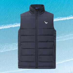 Puffer vest with humpback whale embroidery available by made-to-order at the AMCS Shop.
