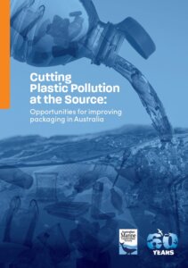 Cover of the AMCS report Cutting Plastic Pollution at the Source. A plastic bottle with a tethered lid pours water polluted with unnecessary plastic packaging into the ocean that is already filled with plastic packaging pollution.